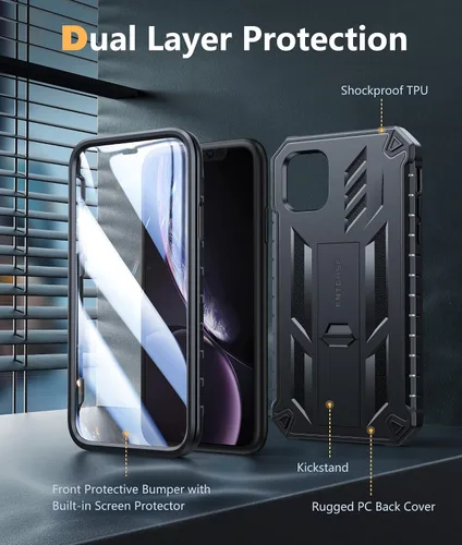 Miniatura 6 de FNTCASE Funda para iPhone XR: [Protector de pantalla y soporte integrados] [Protección contra caídas de grado militar] Funda de teléfono resistente