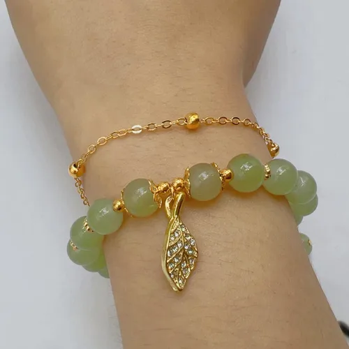 Miniatura 3 de CJIAYUJEW Hotan - Pulsera de hoja de jade natural de 2 capas de nefrita verde para mujer, diseño de cuentas redondas con dije de hoja de circón