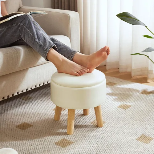 Miniatura 2 de IBUYKE Taburete otomano de 13 pulgadas con almacenamiento, reposapiés pequeño redondo con asiento acolchado y patas de madera, mini reposapiés