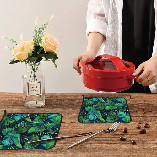 Miniatura 6 de Juego de 2 soportes para ollas de hojas tropicales verdes, resistentes al calor, para microondas, hornear, horno, platos finales y barbacoa