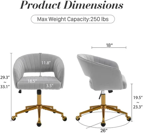 Miniatura 3 de Silla de escritorio giratoria para oficina en casa, moderna silla de escritorio de terciopelo, sillón de altura ajustable con base dorada, silla