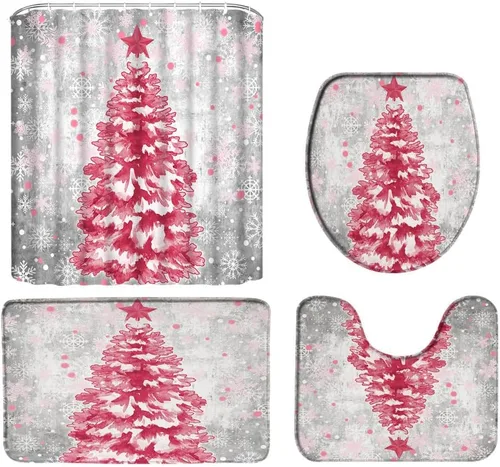 Miniatura 43 de Juego de 4 cortinas de ducha de muñeco de nieve con alfombra, diseño de árbol de pinos de invierno, lindo muñeco de nieve azul, juego de baño