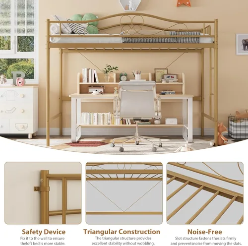 Miniatura 7 de Cama tipo loft individual con escalera ajustable y barandilla de seguridad completa, cama tipo loft, marco de metal resistente de 400 libras
