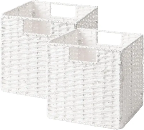 Miniatura 10 de StorageWorks Cestas de mimbre de 11 pulgadas, cubos de almacenamiento tejidos a mano con asas, cesta plegable de cuerda de papel para organizar