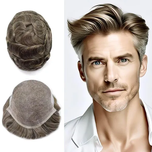 Miniatura 51 de FACE MIRACLE - Tupé frontal de encaje francés para hombres, sistema de reemplazo de cabello humano de encaje con pieza de pelo de poliuretano
