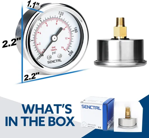Miniatura 6 de SENCTRL Medidor de presión de 0-200 psi, tamaño de dial de 2", montaje trasero 1/8 NPT, impermeable, caja de acero inoxidable, para regulador