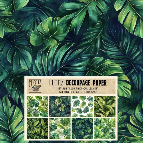 Decoupage - Paquete de papel (24 hojas de 6 x 6 pulgadas) exuberantes hojas tropicales: ilustraciones de hojas de plátano verde brillante para