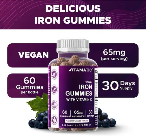Miniatura 5 de Vitamatic Suplemento de gomitas de hierro de 65 mg para mujeres y hombres, 60 gomitas veganas, vitaminas de gomitas de hierro de gran sabor
