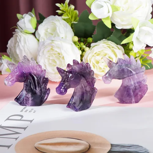 Miniatura 5 de Artistone Estatua de unicornio de cristal de amatista de 3 pulgadas, piedra preciosa tallada a mano, piedra de caballo de unicornio morado, figuras