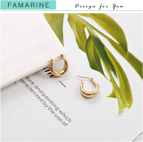 Miniatura 4 de FAMARINE Aretes de aro pequeños chapados en oro de 14 quilates, delicados aretes minimalistas abiertos para regalo de mujer
