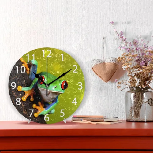 Miniatura 2 de Reloj de pared redondo con diseño de rana de árbol de ojos rojos, pintura al óleo silenciosa sin tictac, decorativo para el hogar, oficina, escuela