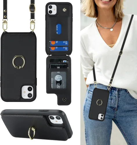 Miniatura 39 de Lipvina para iPhone 11 Pro Funda para teléfono con tarjetero y correa para mujeres, cordón cruzado, soporte de anillo con patas, cierre de presión