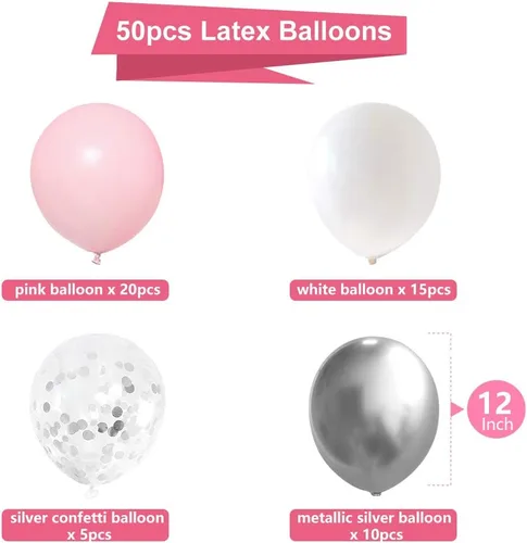 Miniatura 2 de Globos de látex color plateado, rosa y blanco, paquete de 50 globos metálicos de confeti plateado de 12 pulgadas para niñas, baby shower, Globos