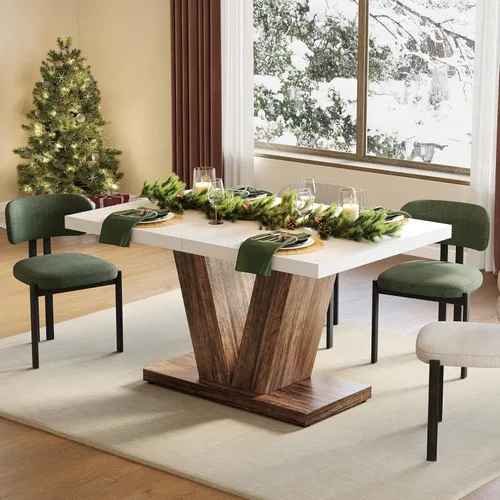 Miniatura 7 de LITTLE TREE Mesa de comedor de 47 pulgadas para 4, mesas de comedor modernas, mesa de cocina rectangular blanca con pedestal en forma de V marrón