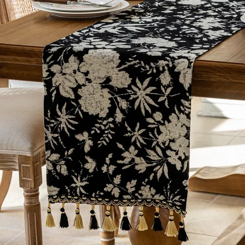 Miniatura 2 de Camino de mesa botánico floral para sala de estar, camino de mesa de comedor de flores jacquard con borlas, moderno, decorativo, elegante, natural