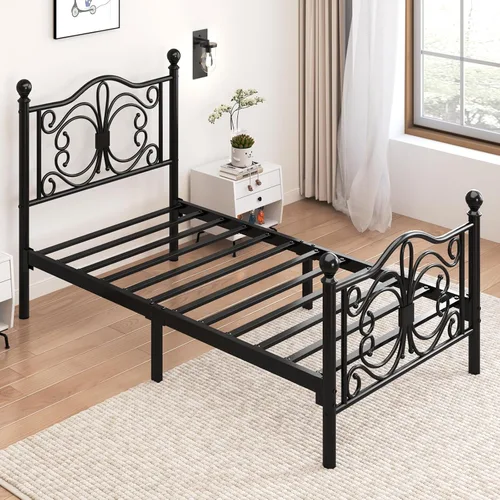 Miniatura 6 de E-Motie Base de cama de plataforma de metal tamaño individual con cabecero y estribo de diseño de mariposa/base de colchón/almacenamiento debajo