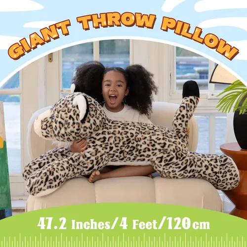 Miniatura 5 de MorisMos Animal de Peluche Gigante Guepardo Almohada de Felpa 4 pies, 47" Juguete de Felpa de Guepardo Extra Grande para Niños y Adultos, Leopardo
