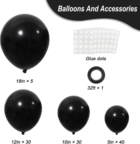 Miniatura 2 de RUBFAC Globos negros de diferentes tamaños, 105 unidades de 5/10/12/18 pulgadas para arco de guirnalda, globos de látex de fiesta de alta calidad