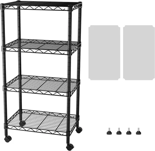 Miniatura 15 de SINGAYE Estante de almacenamiento ajustable de 4 niveles con ruedas, estantería resistente, estantes de alambre para garaje, oficina, despensa, Negro