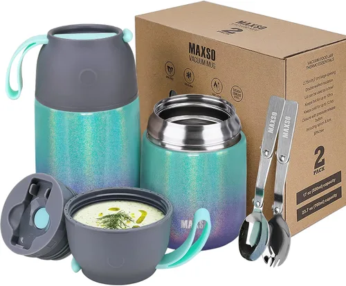 Miniatura 7 de MAXSO Paquete de 2 termos de sopa para alimentos fríos y calientes para niños y adultos, frascos de alimentos aislados al vacío, recipientes