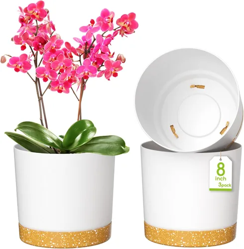 Miniatura 12 de ZMTECH Macetas para plantas, juego de 6 macetas de plástico de riego automático de 6.5 pulgadas con orificio de drenaje y platillo, maceta