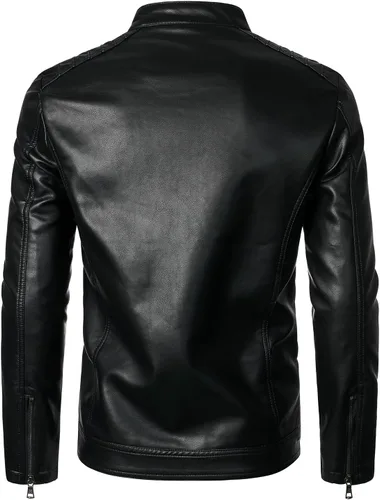 Miniatura 3 de HOOD CREW Chaquetas de cuero para hombre, chaqueta de motocicleta negra, cuello alto, chaqueta de piel sintética