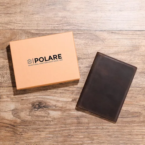 Miniatura 7 de Polare - Cartera plegable de cuero de grano completo para pasaporte con bloqueo RFID, 2 pasaportes, Marrón oscuro, Slim