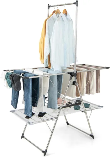 Giantex Tendedero de secado de ropa, plegable de acero inoxidable con altura ajustable de 6 niveles, diseño de colgador alto, clips laterales,