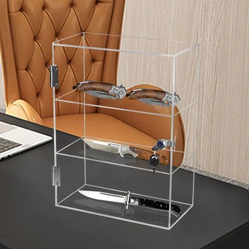 Miniatura 5 de Choowin Vitrina acrílica de 3 estantes con llave de bloqueo, vitrina de exhibición de bloqueo transparente con estantes fijos, almacenamiento seguro