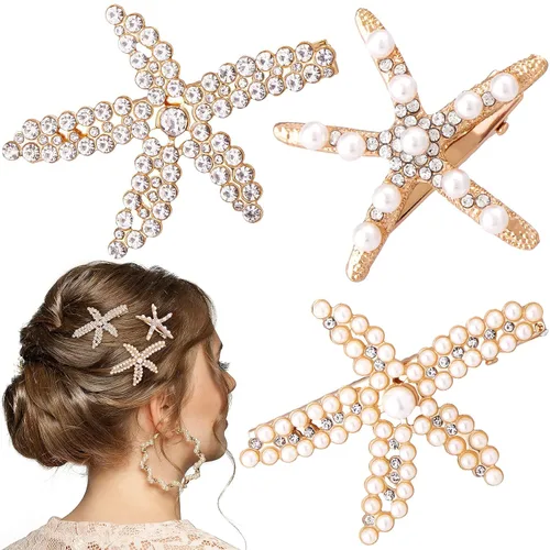 PAGOW 3 pinzas para el cabello con estrellas de mar, pinzas de cristal con perlas de diamantes de imitación doradas, soporte para cola de caballo de