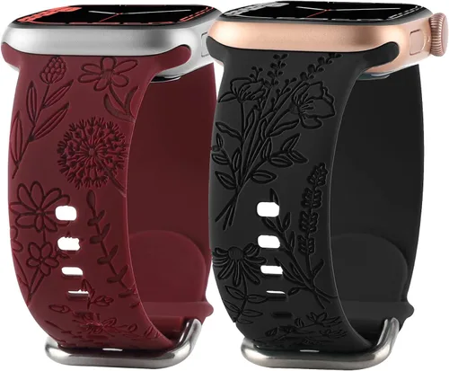Miniatura 17 de Correa de silicona grabada con flores compatible con correas de Apple Watch de 1.496 pulgadas, 1.575 pulgadas, 1.614 pulgadas, bonita correa Negro