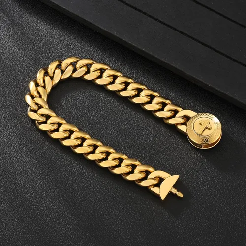 Miniatura 5 de KRKC&CO - Pulsera de eslabones cubanos de 12/0.551 in para hombre, chapada en oro de 18 quilates, cruz, brújula, calaveras redondas, cierre tallado