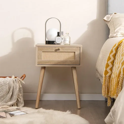 Miniatura 8 de Giantex Mesita de noche de ratán bohemio, mesitas de noche de madera de mediados de siglo con cajón de tejido de ratán, mesita de noche con patas