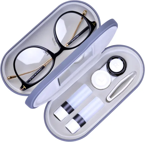 Muf Funda portátil 2 en 1 para lentes de contacto y funda para anteojos, diseño de doble uso con espejo integrado, pinzas y botella de solución para