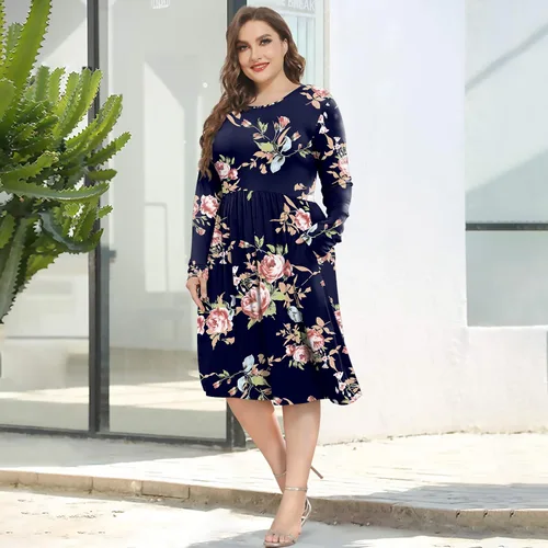 Miniatura 5 de POSESHE Vestidos de talla grande para mujer, manga larga, cuello redondo, vestidos casuales de cintura imperio, vestido suelto con bolsillos