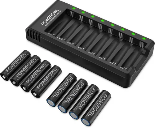 POWEROWL Baterías AA recargables con cargador, paquete de 8 baterías de alta capacidad de 2800 mAh de baja autodescarga Ni-MH doble A con cargador