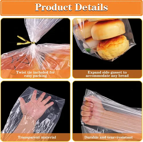 Miniatura 4 de Bolsas de pan con lazos, 100 bolsas de pan transparentes para pan casero y 100 lazos, bolsas de pan ajustables reutilizables de plástico, bolsas