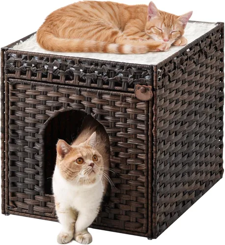 Miniatura 9 de SETVSON Camas para gatos para interiores, casa de gatitos, cubo de ratán tejido a mano, cueva para gatos, casas grandes para gatos, una alfombrilla