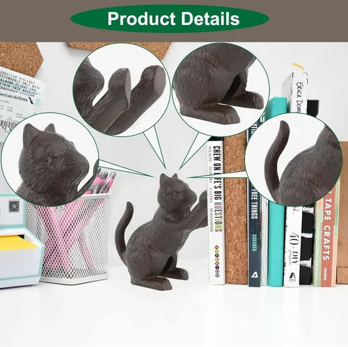 Miniatura 5 de Sujetalibros decorativos para gatos, extremos únicos de hierro fundido con forma de animal para guardar libros resistentes, para decoración