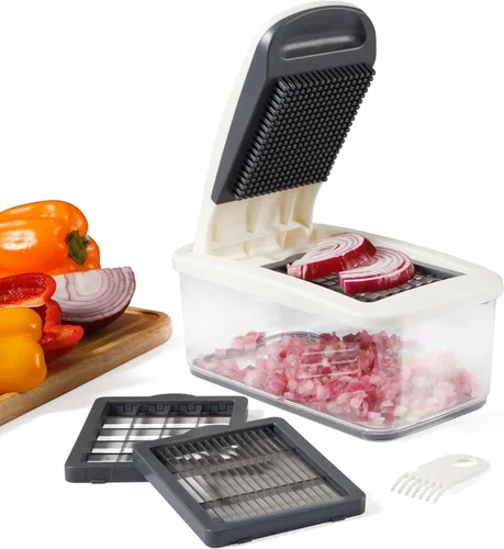 Miniatura 7 de Calphalon Aero Picadora de verduras, picadora de alimentos 5 en 1 con recipiente, cortador manual de verduras con cuchillas intercambiables de acero