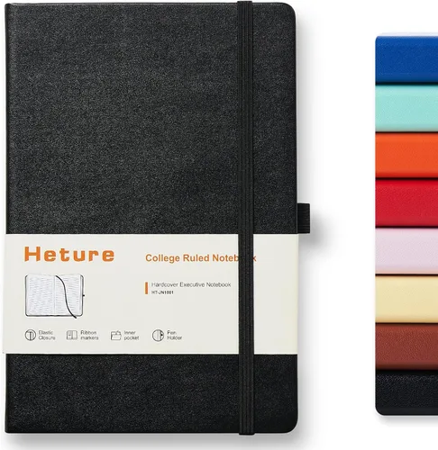 Heture Cuadernos de tapa dura, cuadernos rayados A5 para escribir 160 páginas, 8.2 x 5.5 pulgadas, cuadernos clásicos a rayas para universidad, Negro