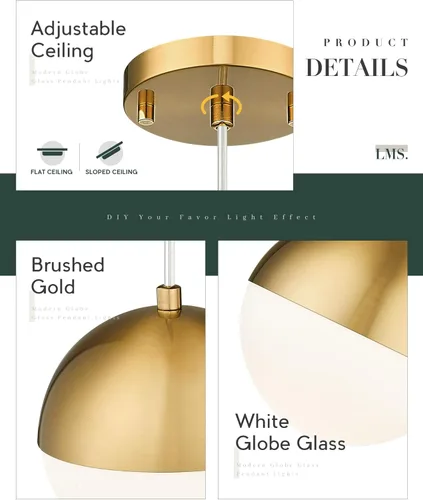Miniatura 2 de LMS Lámparas Colgantes de Oro Cepillado de 6 Pulgadas, Lámparas Colgantes de Mediados de Siglo con Vidrio de Globo Blanco, Cable Colgante Ajustable