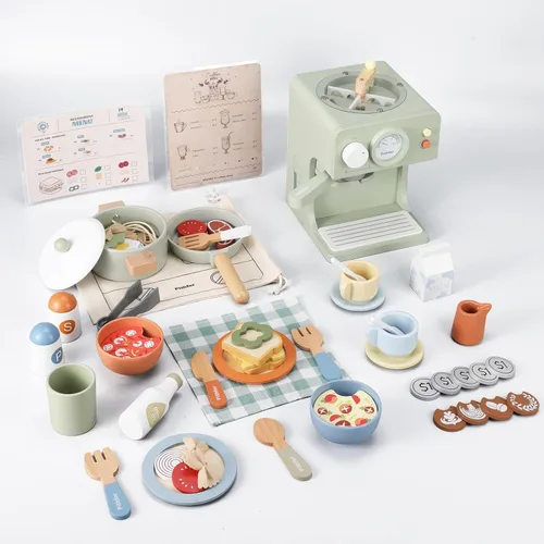 Pithfor Juego de cocina de madera y cafetera para niños, juego de electrodomésticos y accesorios de cocina de juguete, regalo para niños y niñas