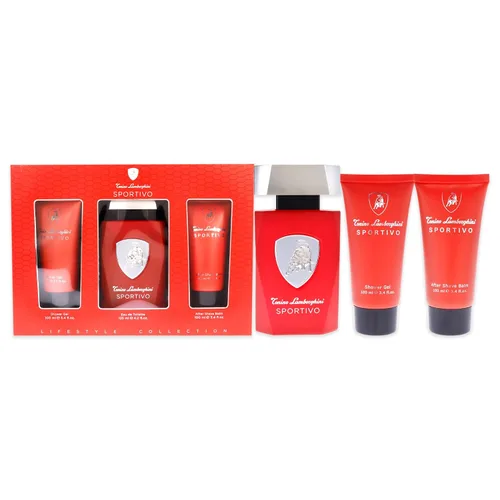 Tonino Lamborghini Lamborghini Sportivo - Set de regalo de 3 piezas para hombre, 4.2 onzas EDT, bálsamo para después del afeitado, gel de ducha de