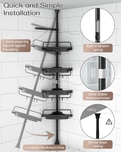Miniatura 4 de ALLZONE Estantería esquinera para ducha con poste de tensión, poste extensible de acero inoxidable resistente a la oxidación y estantes ajustables