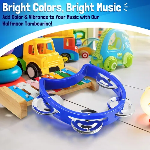 Miniatura 2 de Flexzion Pandereta - Campana de mano, instrumentos musicales de percusión (azul, paquete de 2), instrumento musical de plástico, media luna, mini D