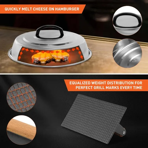 Miniatura 3 de BBQ Accessories - Cubierta redonda de acero inoxidable de 12 pulgadas, cúpula de fusión de queso, kit de prensa rectangular de hierro fundido
