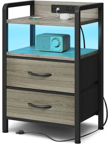 Miniatura 21 de Lazzanto Mesita de noche para dormitorio, mesita de noche con estación de carga y tira de luz LED, mesita de noche con estante de almacenamiento y 2
