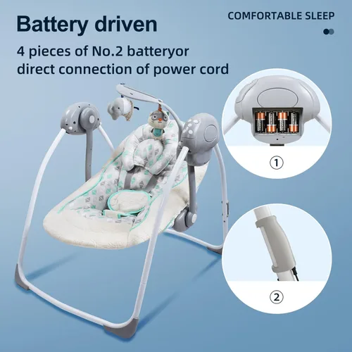 Miniatura 6 de Cómodo columpio portátil para bebé, cómoda mecedora con música relajante, plegable, diseño biónico, se pliega fácilmente, barra de juguetes