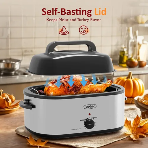 Miniatura 5 de Sunvivi Horno asador eléctrico con tapa visible, horno asador de pavo de 24 cuartos de galón con sartén y estante extraíbles, acero inoxidable
